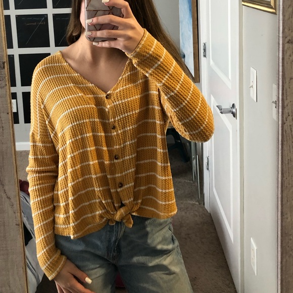 Yellow and white striped long-sleeve tie-front top - Picture 2 of 2